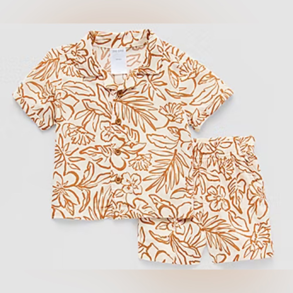Okie Dokie Baby Boy 2 Pc Summer Set Button Down Top & Shorts Tropical Theme NWT